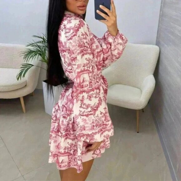 Red Boho Women's Elegant Random Print Long Sleeve Tie-Waist Loose Fit Midi Dress - Picture 6 of 7